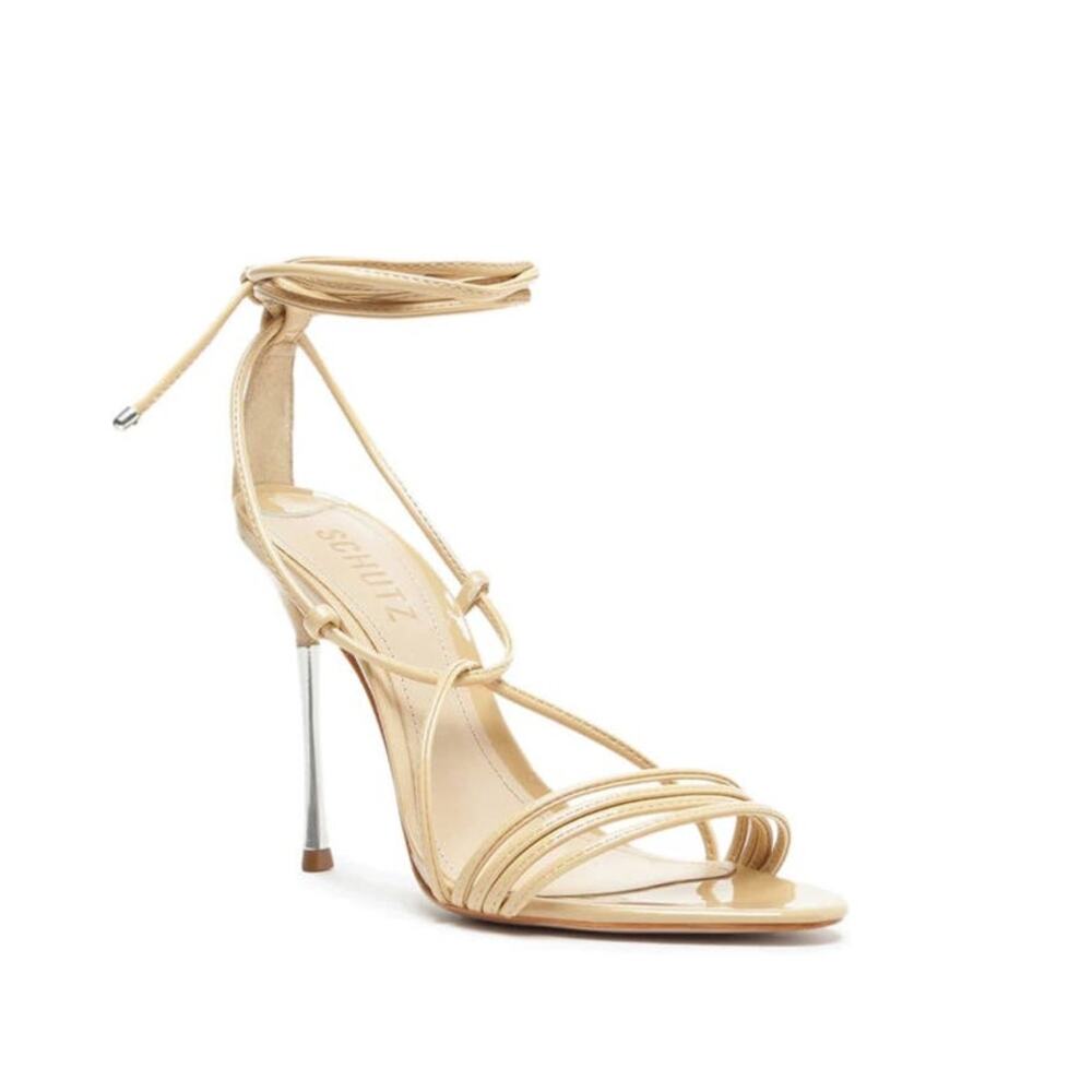 Schutz Nude Strappy Ankle Tie Adeline Patent Stiletto Heels Sandal Women 8.5 US